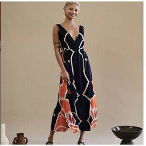 Anthropologie Maxi Dress By Mille Collines Tropical Print Side Ties Navy Green L